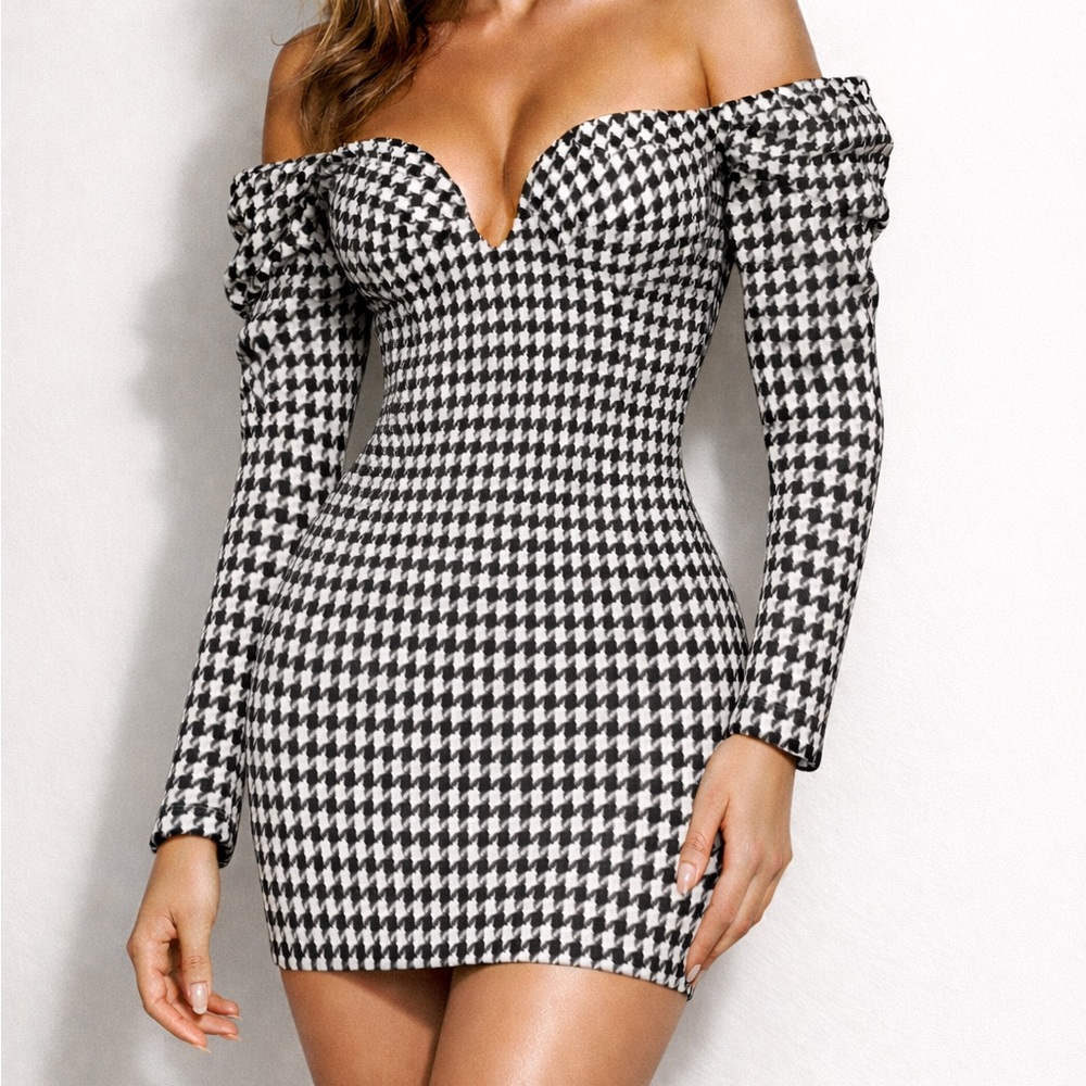 Miss Circle Houndstooth Puff Sleeve Mini Dress – Off Shoulder Corset (S)